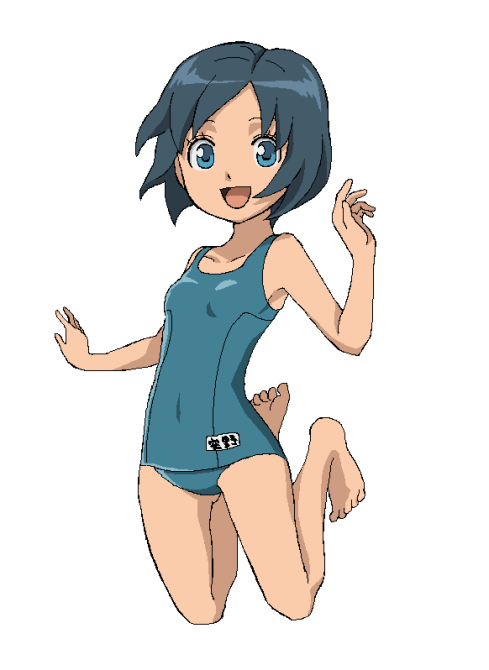 0hpefte6sb 1girl blue_eyes blue_hair inazuma_eleven inazuma_eleven_(series) inazuma_eleven_go one-piece_swimsuit open_mouth school_swimsuit short_hair smile sorano_aoi swimsuit wakusei_hakai_otoko