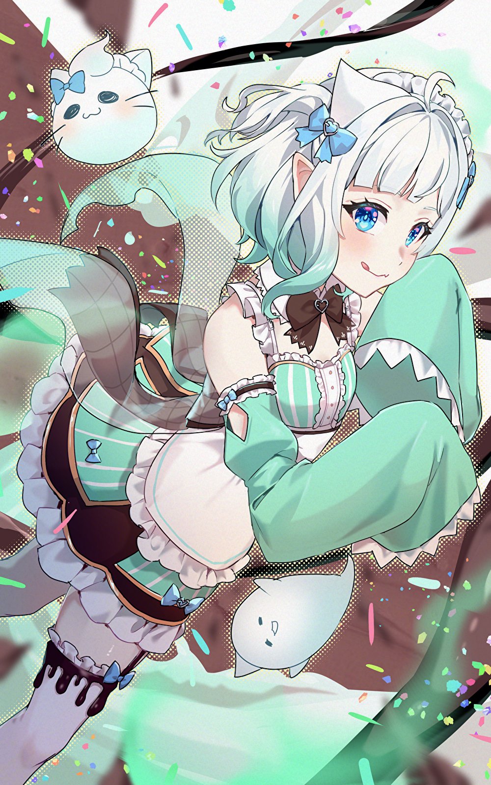 1girl ahoge ama_(pixiv_50406250) apron black_bow black_bowtie blue_bow blue_eyes bow bowtie breasts center_frills detached_collar dress fang frilled_apron frilled_sleeves frills ghost_girl gradient_hair green_dress green_hair highres indie_virtual_youtuber long_sleeves maid maid_headdress mint_fantome mint_fantome_(minto_2.0) multicolored_hair pointy_ears short_hair single_thighhigh skin_fang sleeves_past_fingers sleeves_past_wrists small_breasts solo thighhighs tongue tongue_out triangular_headpiece two_side_up virtual_youtuber waist_apron wavy_hair white_apron white_hair white_thighhighs wide_sleeves wisps_(mint_fantome)