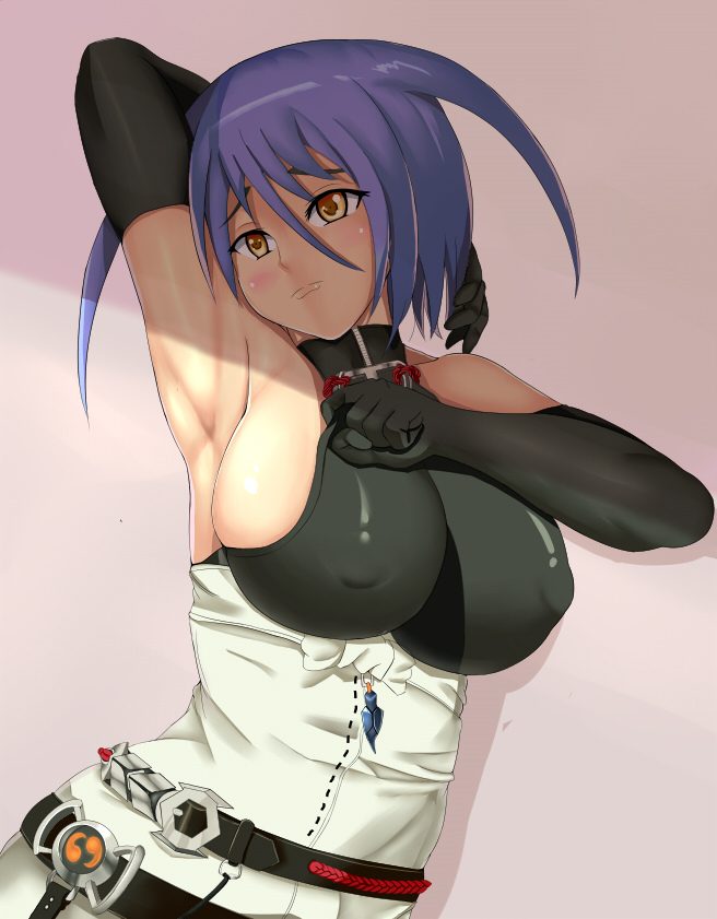 1girl aged_up antenna_hair armpit_focus armpits arms_behind_head ayane_ichijou black_gloves black_sleeves blue_hair blush breasts closed_mouth clothes_pull collarbone detached_sleeves embarrassed female_focus frown garter_belt garter_straps gloves grey_background hair_between_eyes huge_breasts large_breasts large_nipples looking_at_viewer nitroplus no_bra puffy_nipples pulling_own_clothes purple_hair revealing_clothes shaded_face shirt short_hair sideboob simple_background skindentation sleeveless sleeveless_shirt solo soukou_akki_muramasa tight_clothes turtleneck upper_body yellow_eyes