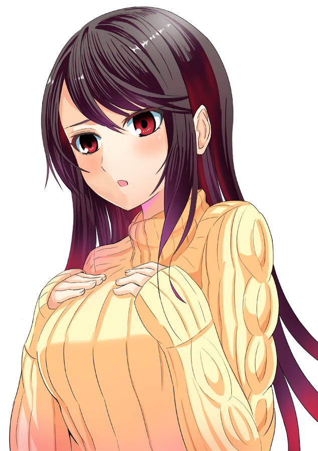 1girl attsun_(atsushi_jb) bad_id bad_pixiv_id black_hair breasts face female_focus houzuki_yuuno kure-nai kurenai nishigori_atsushi red_eyes solo sweater