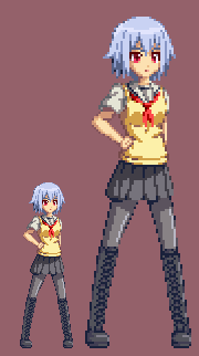 10s ben-tou black_legwear blue_hair boots hand_on_own_hip hip_focus kntc lowres pantyhose pixel_art red_eyes school_uniform serafuku short_hair skirt sweater_vest yarizui_sen