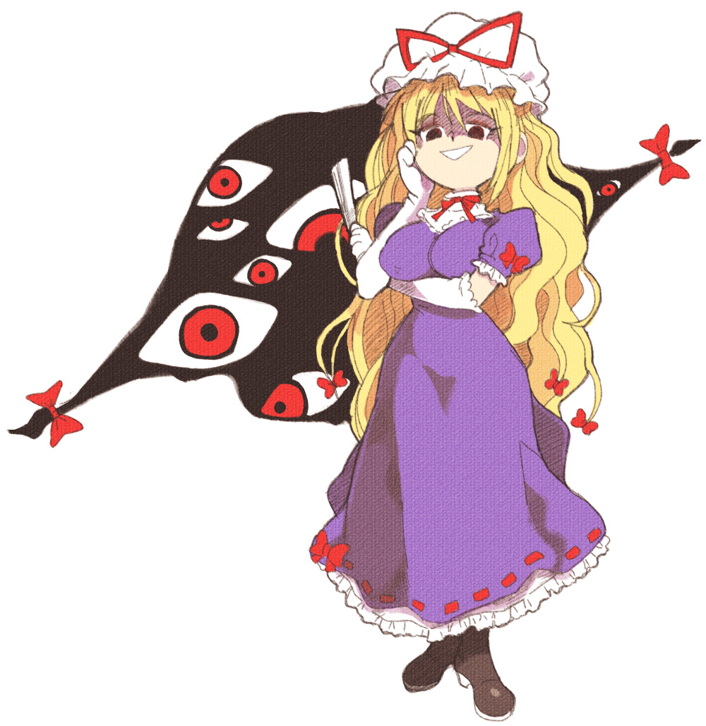 1girl arm_under_breasts blonde_hair bow breasts disembodied_eye dress evil_smile folded_fan folding_fan frilled_dress frills full_body grin hair_bow hand_fan hand_on_own_cheek hand_on_own_face hands_up hat hat_ribbon inkerton-kun large_breasts long_dress looking_at_viewer mob_cap neck_ribbon partially_shaded_face puffy_short_sleeves puffy_sleeves purple_dress red_bow red_eyes red_ribbon ribbon short_sleeves simple_background smile solo standing touhou white_background white_hat yakumo_yukari