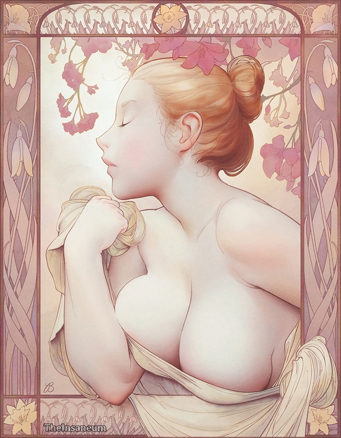 1girl art_nouveau border breasts copyright_request curvy flower hair_bun large_breasts orange_hair ornate_border pale_skin realistic solo the_insaneum upper_body