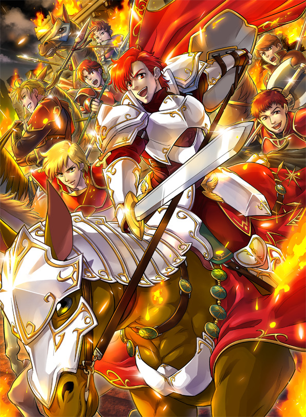 1girl 6+boys alen_(fire_emblem) armor axe battle_axe blonde_hair cain_(fire_emblem:_shadow_dragon) cape commentary_request fire_emblem fire_emblem:_genealogy_of_the_holy_war fire_emblem:_mystery_of_the_emblem fire_emblem:_path_of_radiance fire_emblem:_the_binding_blade fire_emblem:_the_blazing_blade fire_emblem:_the_sacred_stones fire_emblem_awakening fire_emblem_cipher forde_(fire_emblem) holding holding_axe holding_polearm holding_sword holding_weapon horse horseback_riding kent_(fire_emblem) kieran_(fire_emblem) mineri multiple_boys naoise_(fire_emblem) nintendo official_art open_mouth polearm ponytail red_armor red_cape red_eyes red_hair riding shield short_hair sully_(fire_emblem) sword weapon white_armor