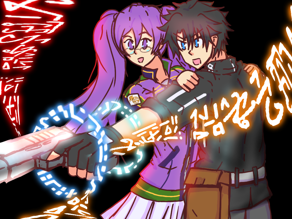 1boy 1girl artist_request atlas_academy_uniform black_background black_hair blue_eyes fate/grand_order fate_(series) fujimaru_ritsuka_(male) fujimaru_ritsuka_(male)_(polar_chaldea_uniform) glasses gun hands_on_another&#039;s_shoulders purple_eyes purple_hair school_uniform short_hair sion_eltnam_sokaris skirt tagme twintails weapon