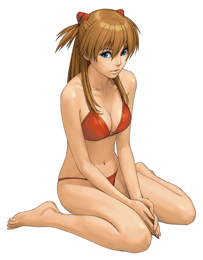 1girl bad_id bad_pixiv_id bare_shoulders barefoot bikini blue_eyes breasts brown_hair cleavage collarbone female_focus full_body long_hair navel neon_genesis_evangelion parted_lips rebuild_of_evangelion red_bikini simple_background sitting solo souryuu_asuka_langley swimsuit wariza watanabe_yasuaki white_background