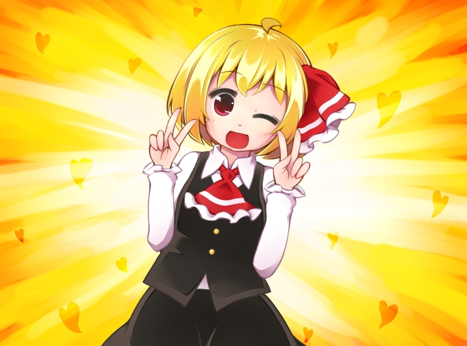 1girl ;d ascot blonde_hair double_v hair_ribbon jagabutter one_eye_closed open_mouth red_eyes ribbon rumia shirt short_hair skirt smile touhou v vest