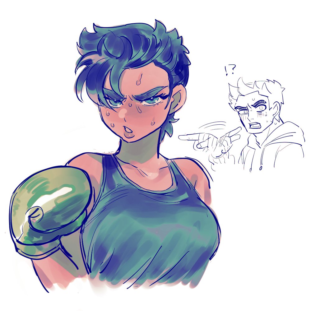 !? 1boy 1girl black_hair boxing_gloves breasts collarbone dancho_no_mori dark-skinned_female dark_skin dual_persona genderswap genderswap_(mtf) green_eyes large_breasts lips little_mac nintendo parted_lips punch-out!! short_hair sweat tank_top thick_eyebrows upper_body