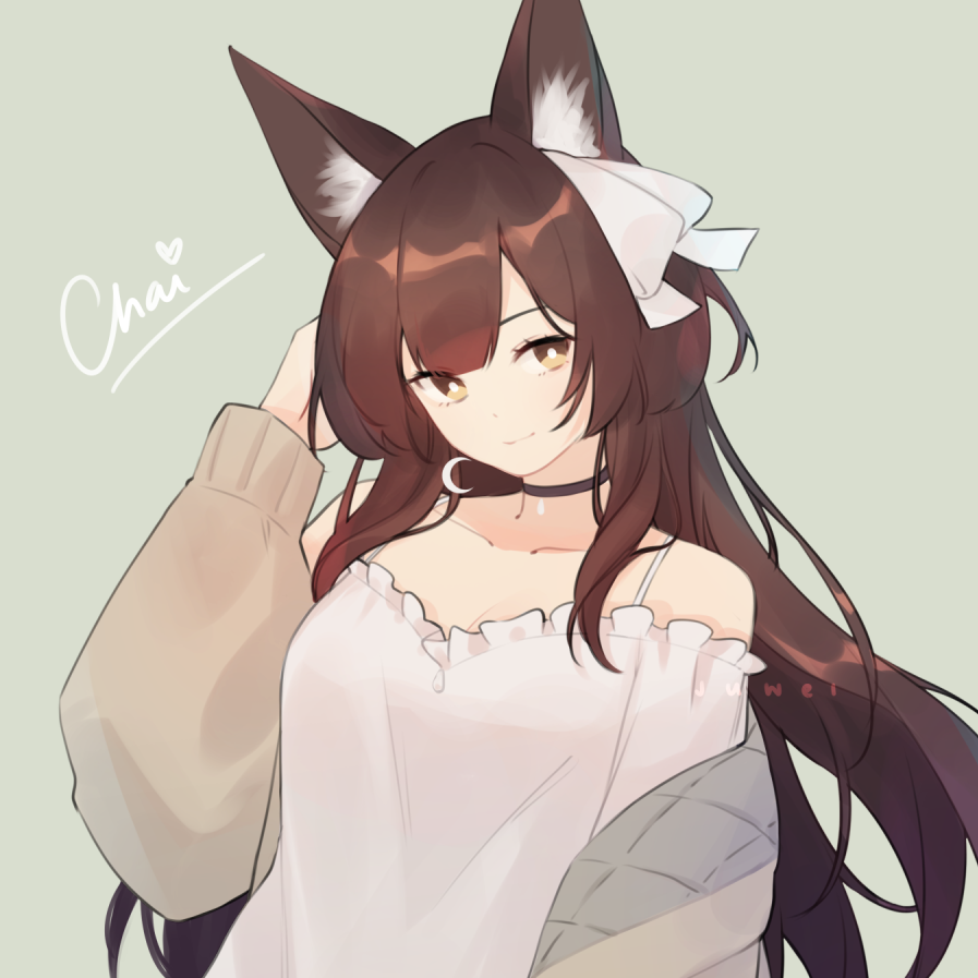 adjusting_hair animal_ear_fluff animal_ears arm_up bare_shoulders black_choker blouse brown_cardigan brown_hair cardigan chai_(vtuber) choker clothes_down crescent earrings fox_ears fox_girl green_background hair_ribbon indie_virtual_youtuber jewelry juwei long_hair long_sleeves looking_to_the_side off_shoulder open_cardigan open_clothes ribbon shirt shorts simple_background single_earring sleeves_past_wrists smile solo virtual_youtuber yellow_eyes