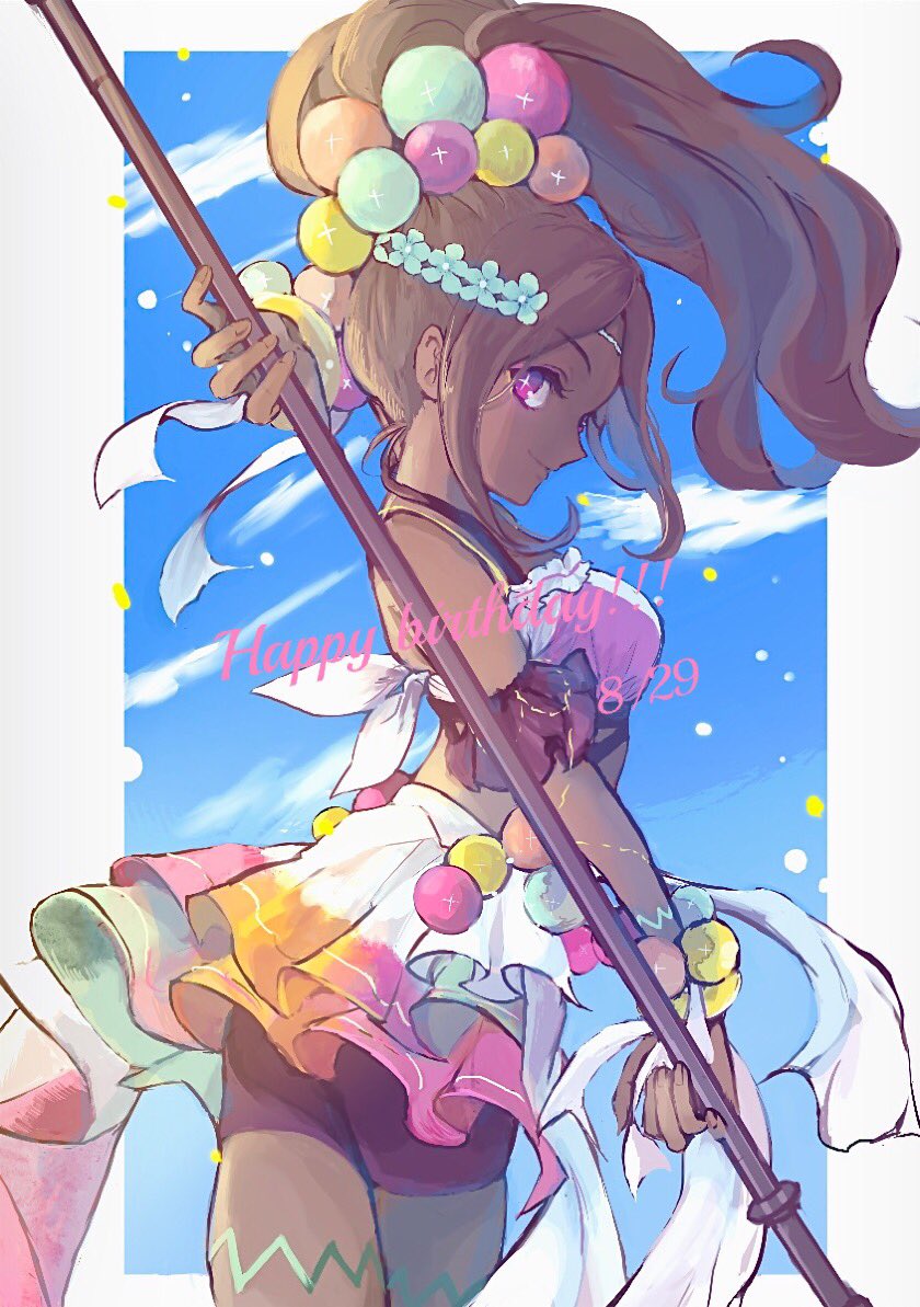 1girl bare_shoulders bracelet brown_hair crop_top dark-skinned_female dark_skin eyeshadow fire_emblem fire_emblem_engage genkijanaindayo holding holding_polearm holding_weapon jewelry long_hair looking_at_viewer makeup nintendo pearl_belt pearl_bracelet pearl_hair_ornament pink_eyeshadow polearm smile solo star-shaped_pupils star_(symbol) symbol-shaped_pupils thighlet timerra_(fire_emblem) weapon