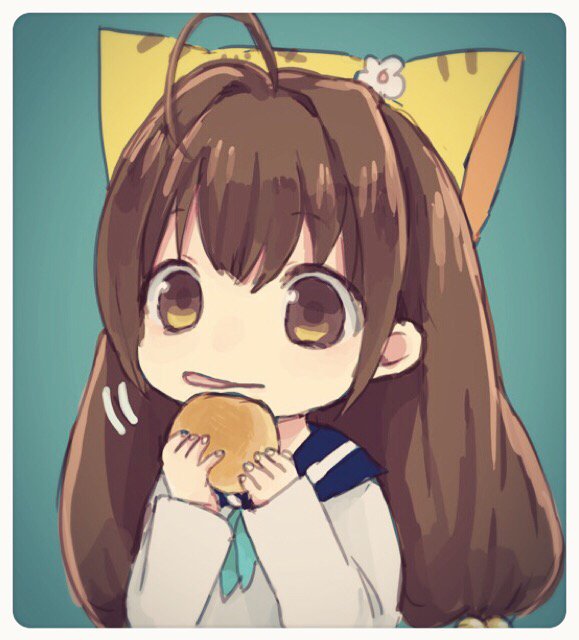 1girl ahoge animal_hat brown_eyes brown_hair cat_hat comeco commentary_request di_gi_charat food hat long_hair puchiko school_uniform serafuku solo upper_body