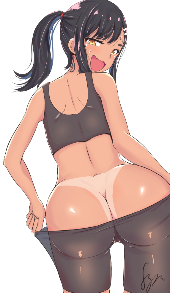 1girl ass bike_shorts bike_shorts_pull bikini_tan brown_eyes butt_crack clothes_pull cowboy_shot crop_top dark-skinned_female dark_skin earclip female_focus from_behind ijiranaide_nagatoro-san long_hair looking_at_viewer looking_back nagatoro_hayase ponytail see-through_clothes see-through_shorts shiny_clothes shiny_skin shorts sidelocks signature simple_background solo sports_bra sweat syyn_(syyndev) tan tanline white_background wide_hips