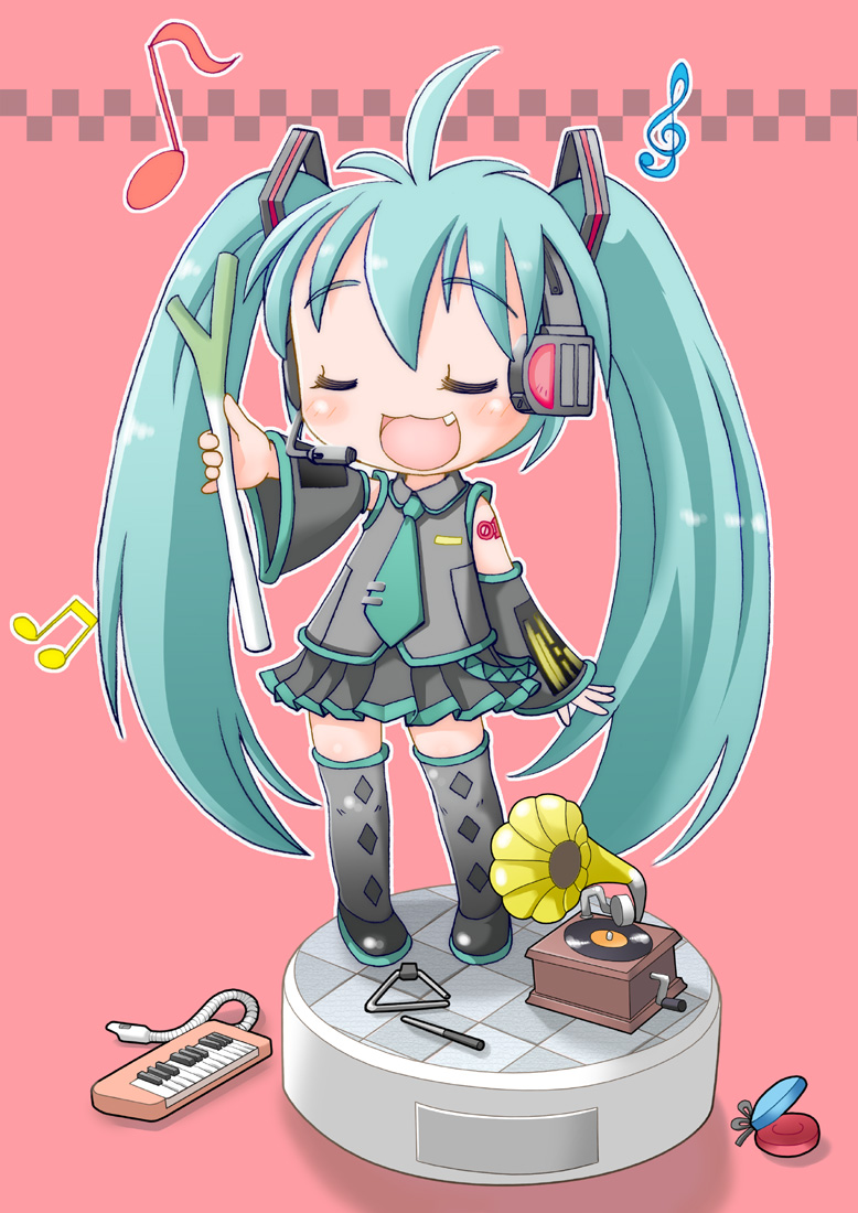 1girl ahoge argyle_clothes argyle_socks beamed_eighth_notes black_footwear blush blush_stickers breasts chibi closed_eyes commentary_request detached_sleeves eighth_note fang food green_hair green_necktie hair_between_eyes hatomugi_(mamotan) hatsune_miku headphones holding holding_food holding_spring_onion holding_vegetable instrument keyboard_(instrument) long_hair long_sleeves melodica musical_note necktie open_mouth phonograph pleated_skirt record red_background shoes simple_background skirt socks solo spring_onion standing tattoo treble_clef triangle_(instrument) twintails vegetable very_long_hair vocaloid