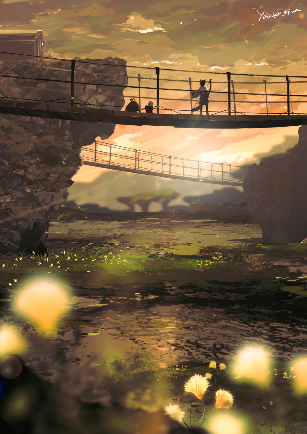 3others bridge building cloud cloudy_sky final_fantasy final_fantasy_xiv flower grass highres multiple_others orange_sky plant rope rope_bridge scenery shadow shed sky sunlight sunrise yabuka_shiwa yellow_flower