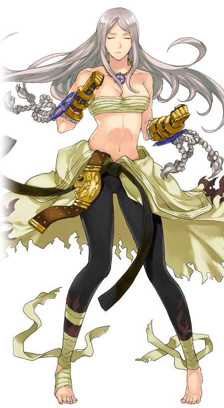 1girl artist_request barefoot belt black_belt black_gloves black_pants breasts championship_belt chest_sarashi cleavage clenched_hands closed_eyes closed_mouth clothes_around_waist cross cross_necklace cross_of_prontera flame_print floating_hair frown full_body gauntlets gloves grey_hair heel_up jewelry large_breasts large_variant_set necklace official_art pants ragnarok:_guild_masters ragnarok_online sarashi shirt shirt_around_waist simple_background solo standing sura_(ragnarok_online) transparent_background v-shaped_eyebrows variant_set yellow_shirt