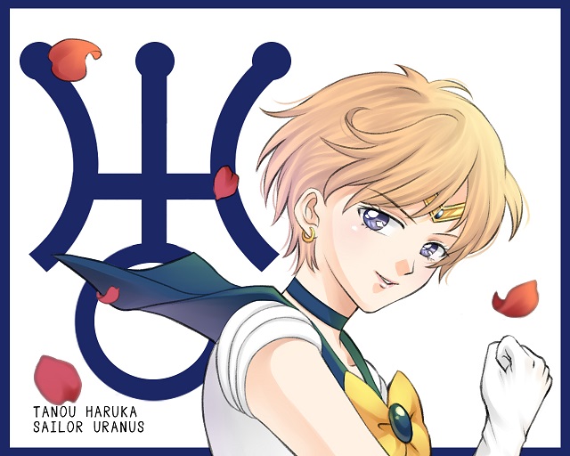 1girl bishoujo_senshi_sailor_moon blonde_hair blue_eyes blue_sailor_collar bow brooch character_name choker earrings female_focus gloves jewelry koya looking_at_viewer magical_girl petals sailor_collar sailor_uranus short_hair smile solo ten&#039;ou_haruka tiara typo upper_body uranus_symbol white_background white_gloves yellow_bow