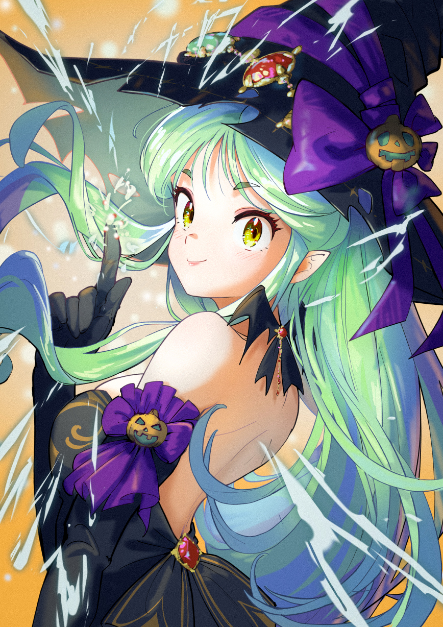 1girl arakan backless_dress backless_outfit bare_shoulders black_gloves breasts commentary_request dress electricity gloves green_hair halloween hat highres long_hair looking_at_viewer looking_back lum medium_breasts pointy_ears smile solo upper_body urusei_yatsura witch witch_hat yellow_eyes