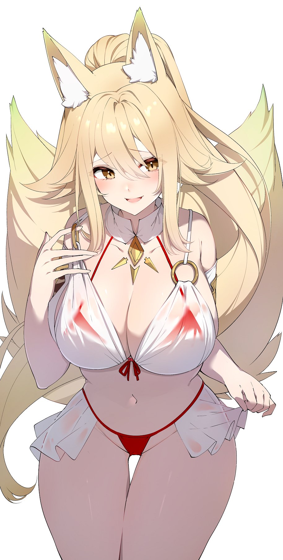 1girl animal_ear_fluff animal_ears bikini blonde_hair blush breasts cleavage collarbone commission cowboy_shot darjeeling_(reley) detached_collar fox_ears fox_girl fox_tail halterneck highres large_breasts long_hair multiple_tails navel o-ring o-ring_top open_mouth original ponytail red_bikini second-party_source see-through_clothes simple_background skeb_commission smile solo suirin_(tukikagerou) swimsuit tail thighs white_background yellow_eyes