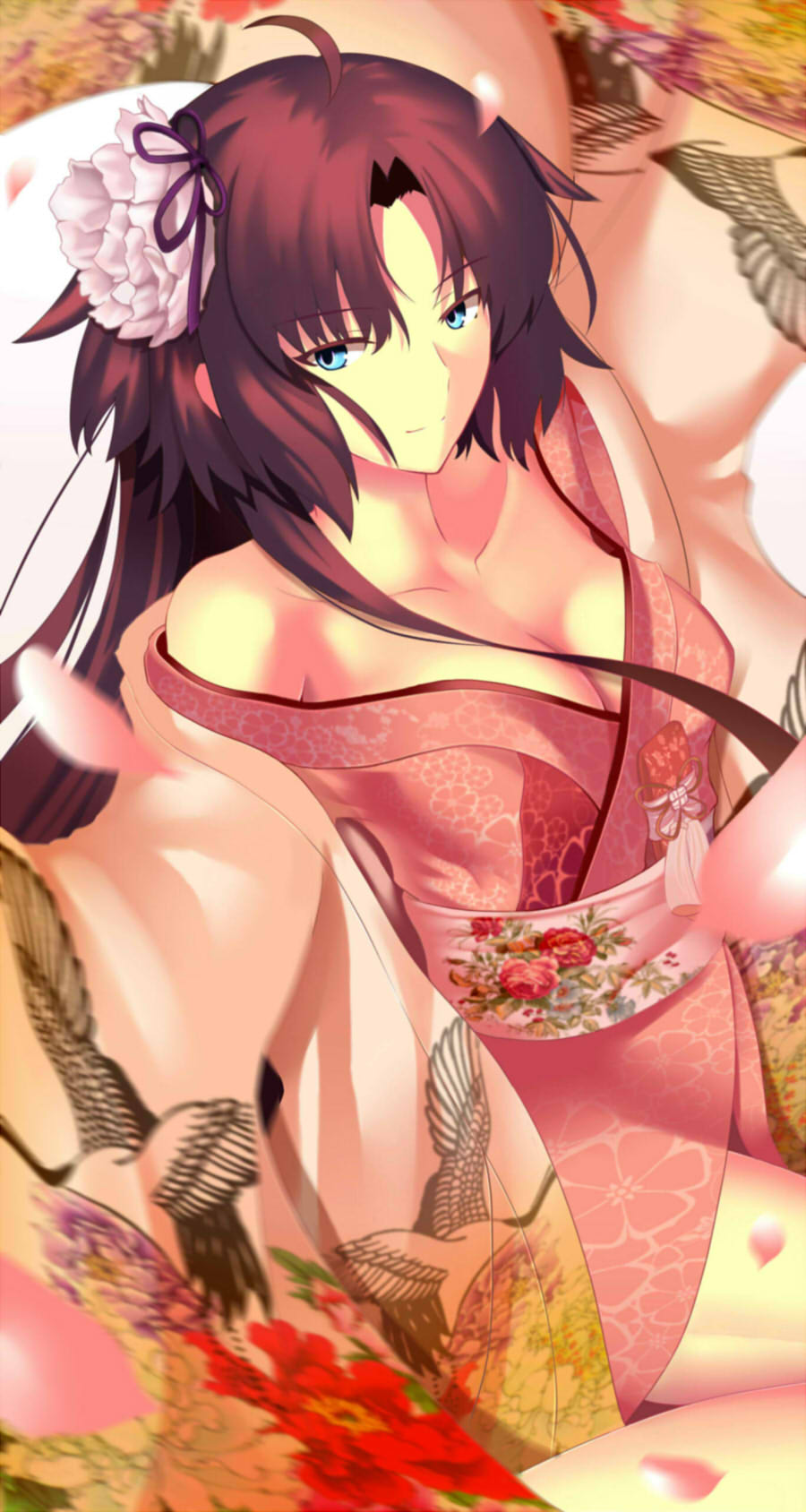 1girl alternate_costume alternate_hair_length alternate_hairstyle black_hair blue_eyes breasts cherry_blossoms cleavage collarbone cowboy_shot fate/grand_order fate_(series) female_focus floral_print flower hair_flower hair_ornament highres japanese_clothes kara_no_kyoukai kimono large_breasts long_sleeves no_bra obi off_shoulder official_style paperfinger parted_bangs peony_print petals ryougi_shiki ryougi_shiki_(third_ascension) sash smile solo wind