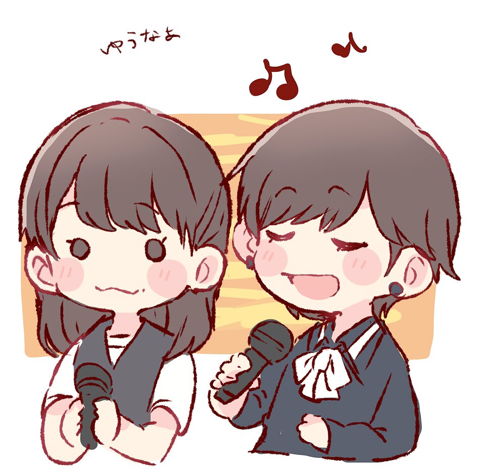 2girls :3 :d akb48 black_eyes black_hair black_shirt black_vest blush bow bowtie chibi closed_eyes commentary holding holding_microphone long_hair long_sleeves microphone mole mole_under_mouth multiple_girls murayama_yuiri music o_o okada_nana open_mouth real_life shirt short_hair short_sleeves singing smile symbol-only_commentary taneda_yuuta u_u upper_body vest white_neckwear white_shirt