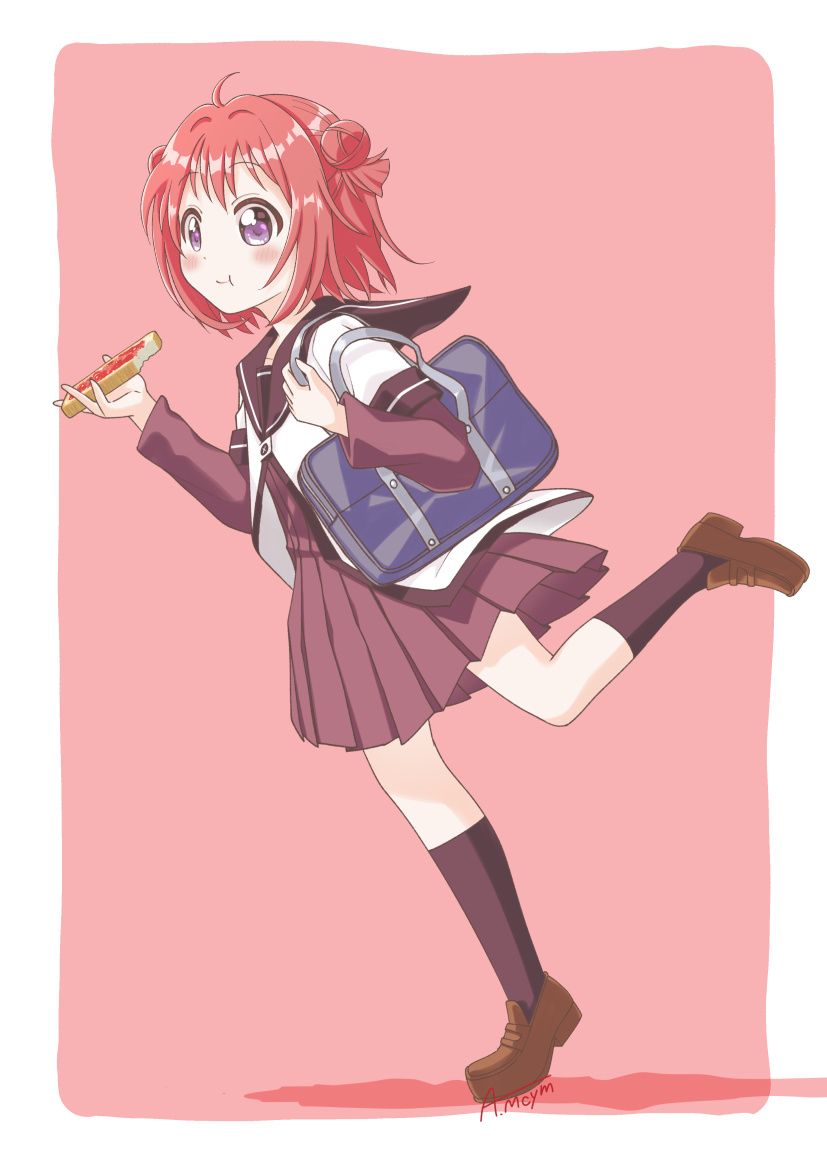 1girl ahoge akanemachiyama akaza_akari bag blush border bread bread_slice brown_footwear double_bun eating food food_in_mouth full_body hair_bun holding jam kneehighs loafers long_sleeves nanamori_school_uniform open_mouth pink_background purple_eyes red_hair school_bag school_uniform serafuku shoes short_hair skirt smile socks solo standing toast white_border yuru_yuri