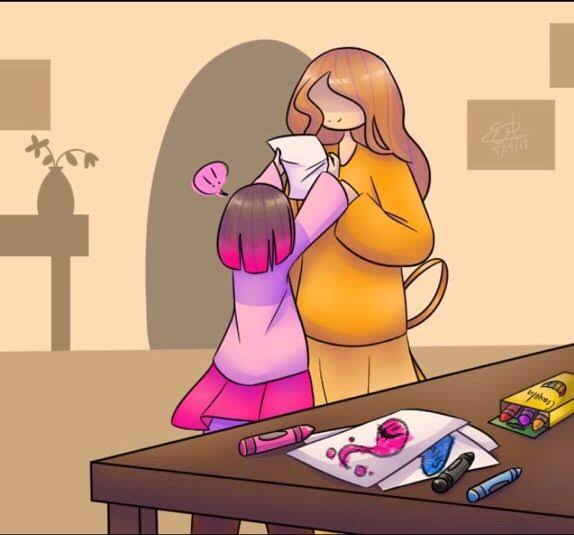 agate_lightvale akumu_(glitchtale) bete_noire brown_hair crayon crayon_arts crayon_drawing framed glitchtale kumu_(glitchtale) long_hair orange_hair paper pink_hair pink_sweater purple_sweater short_hair skirt smile sweater table undertale vase watermark