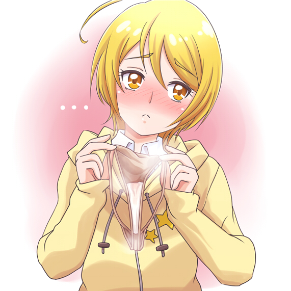 1girl ahoge blonde_hair blush cardigan closed_mouth collared_shirt frown h26r hair_between_eyes head_tilt holding holding_unworn_clothes holding_panties holding_underwear holding_unworn_clothes hood hood_down hooded_cardigan hugtto!_precure kagayaki_homare looking_away panties pink_cardigan precure presenting_removed_panties shirt short_hair solo underwear upper_body white_background white_shirt wing_collar yellow_eyes yellow_panties