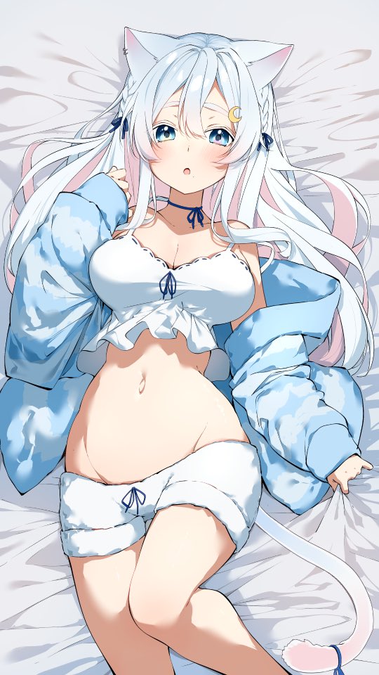 1girl animal_ears bed bed_sheet blue_bow blue_eyes blue_jacket blush bow braid breasts camisole cat_ears cat_tail cleavage commission crescent crescent_hair_ornament darjeeling_(reley) hair_bow hair_ornament jacket large_breasts long_hair long_sleeves looking_at_viewer lying mole mole_under_mouth multicolored_hair navel nekono_yukino off_shoulder on_back on_bed open_clothes open_jacket open_mouth re:act red_hair second-party_source skeb_commission sleeves_past_wrists solo tail tail_ornament two-tone_hair virtual_youtuber white_camisole white_hair