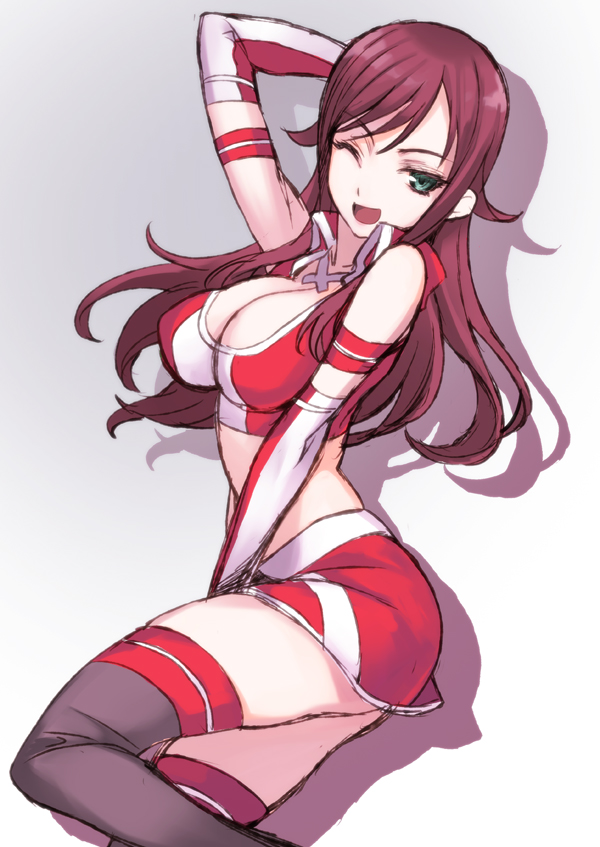 1girl ;d akana_rui arm_up bad_id bad_pixiv_id black_thighhighs breasts brown_hair chousoku_henkei_gyrozetter cleavage female_focus green_eyes large_breasts long_hair matsuryuu one_eye_closed open_mouth race_queen shadow shorts smile solo thighhighs wink