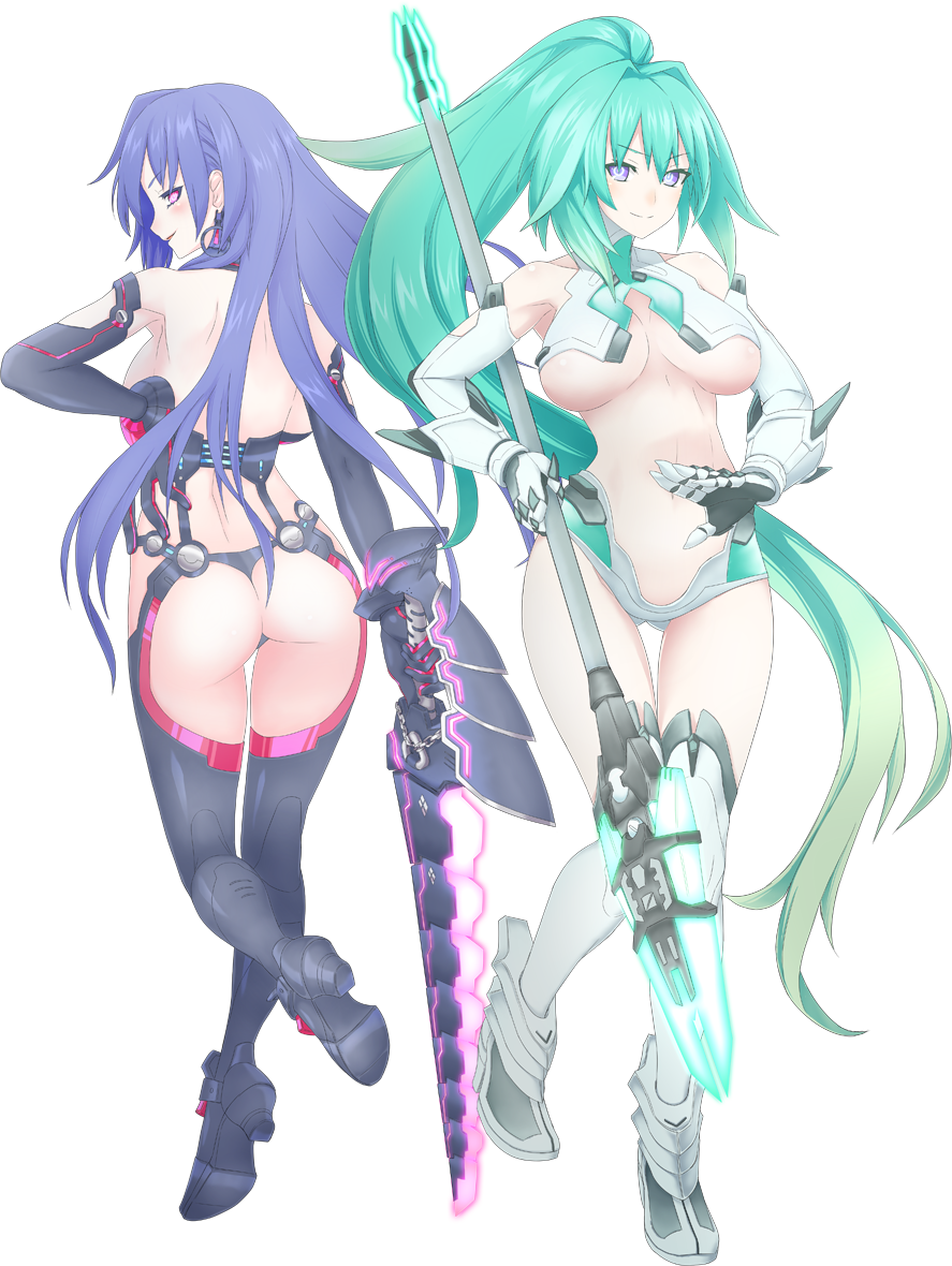 2girls armor armored_boots arms_at_sides ass bare_back bikini_armor black_eyes black_footwear black_hair black_legwear boots breasts choujigen_game_neptune commentary_request earrings elbow_gloves from_behind full_body gloves green_hair green_heart_(neptunia) hair_intakes holding holding_polearm holding_spear holding_weapon iris_heart jewelry kami_jigen_game_neptune_v leg_lift long_hair looking_at_viewer looking_back multiple_girls neptune_(series) polearm ponytail pururut red_eyes sidelocks simple_background smile spear thighhighs transparent_background underboob vert_(neptunia) weapon white_background white_legwear