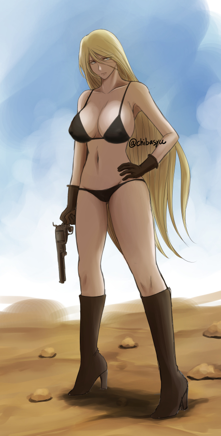 bad_id bad_twitter_id bikini black_bikini blonde_hair blue_sky boots breasts brown_eyes brown_gloves chiba_shuusaku cleavage cloud commentary_request desert ginga_tetsudou_999 gloves gun hair_between_eyes high_heel_boots high_heels holding holding_gun holding_weapon large_breasts long_hair maetel navel sky solo swimsuit twitter_username weapon