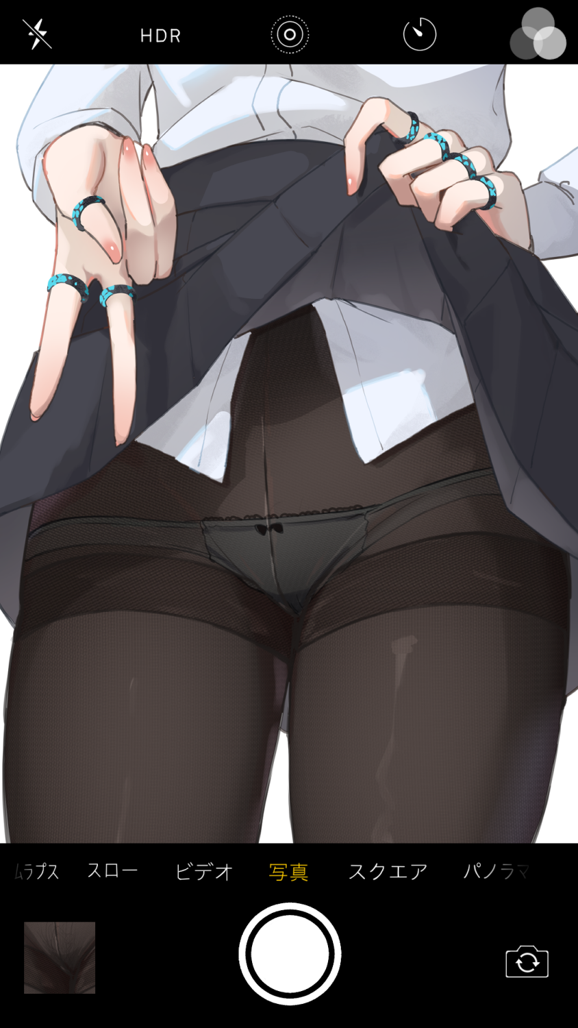 1girl amiya_(arknights) arknights black_skirt bow bow_panties brown_pantyhose clothes_lift fake_phone_screenshot fake_screenshot head_out_of_frame highres kozeni_isari lifting_own_clothes lower_body panties panties_under_pantyhose pantyhose pleated_skirt shirt skirt skirt_lift solo thighband_pantyhose translation_request underwear v white_background white_panties white_shirt