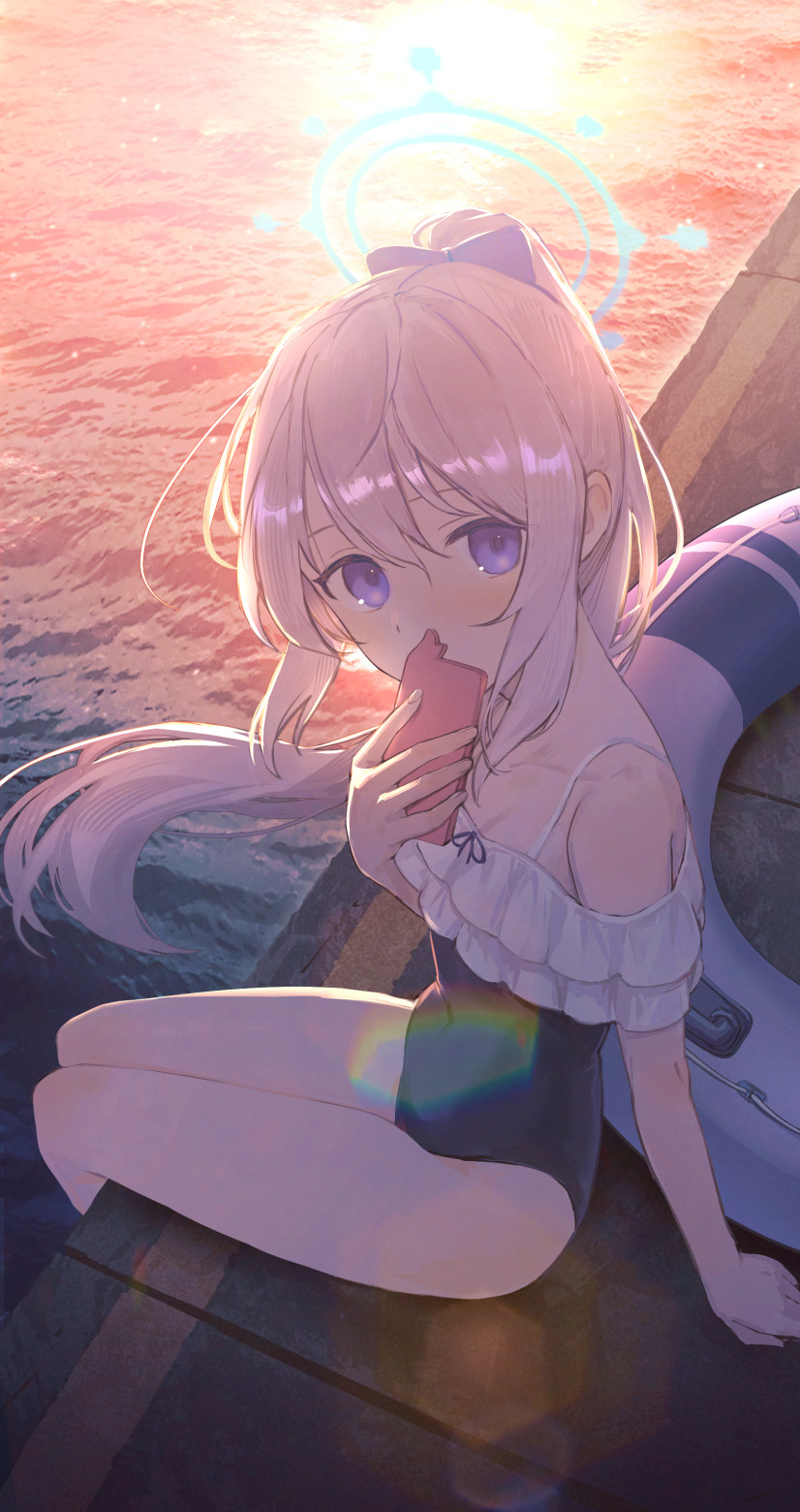 1girl alt_(apou) arm_behind_back arm_support backlighting blue_archive blue_halo blue_one-piece_swimsuit blush bow breasts casual_one-piece_swimsuit cellphone dot_nose frilled_one-piece_swimsuit frills hair_bow halo highres holding holding_phone innertube lifebuoy long_hair looking_at_viewer miyako_(blue_archive) miyako_(swimsuit)_(blue_archive) off-shoulder_one-piece_swimsuit off_shoulder one-piece_swimsuit petite phone ponytail purple_bow purple_eyes sitting small_breasts smartphone solo spaghetti_strap sunset swim_ring swimsuit white_hair