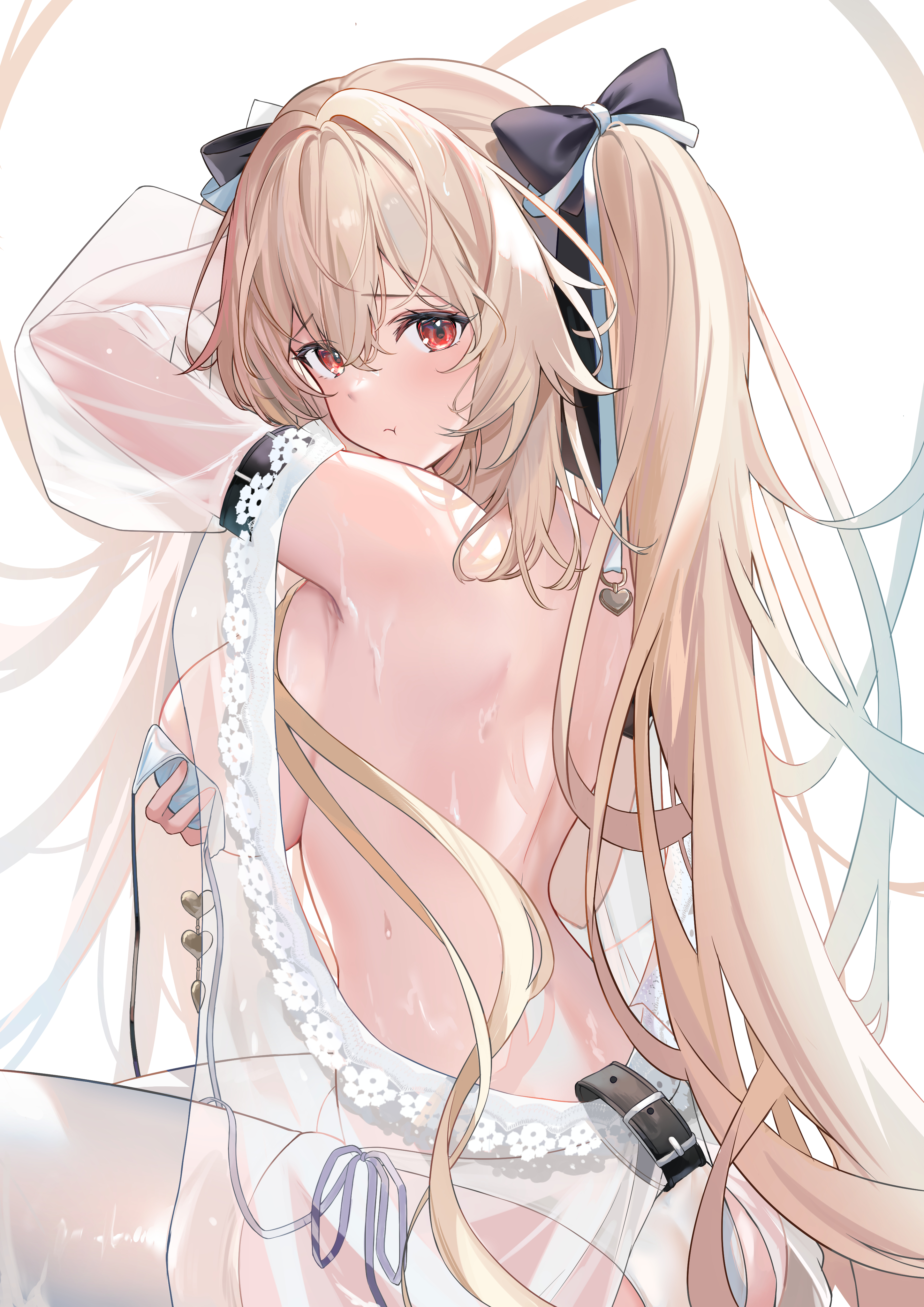 anchorage (azur lane), anchorage (dolphins and swim lessons) (azur lane), azur lane, absurdres, highres, 1girl, alternate costume, back, bikini, breasts, brown hair, collar, covering, covering breasts, hair between eyes, hair ornament, large