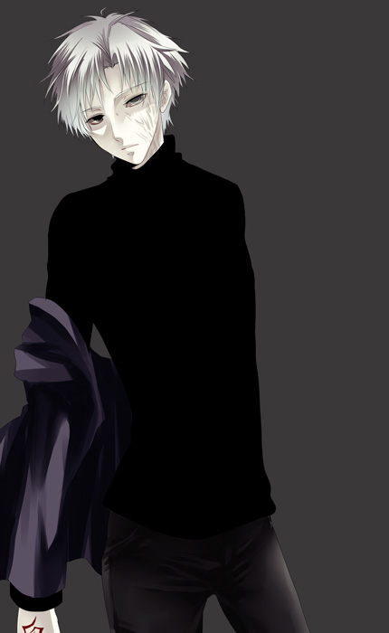 1boy black_eyes command_spell fate/zero fate_(series) fu_yukari grey_hair male_focus matou_kariya solo turtleneck white_hair