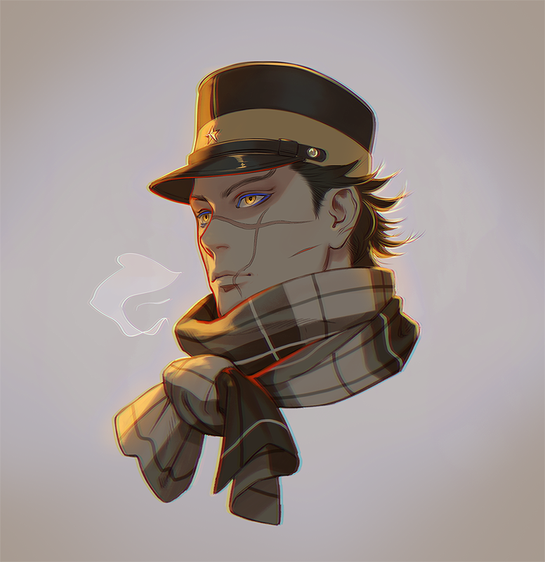 1boy black_hair breath expressionless facial_scar glowing glowing_eyes golden_kamuy hat imperial_japanese_army kepi looking_to_the_side male_focus military_hat purple_eyeshadow scar scar_on_cheek scar_on_face scar_on_nose scarf short_hair simple_background solo spiked_hair sugimoto_saichi sunlight w55674570w yellow_eyes yellow_scarf