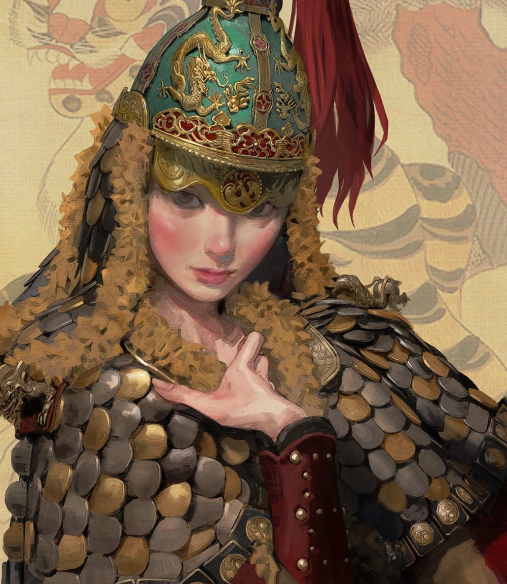 1girl armor black_hair blue_headwear blush brown_eyes commentary english_commentary gold_trim korean_armor looking_at_viewer original sangsoo_jeong simple_background solo upper_body