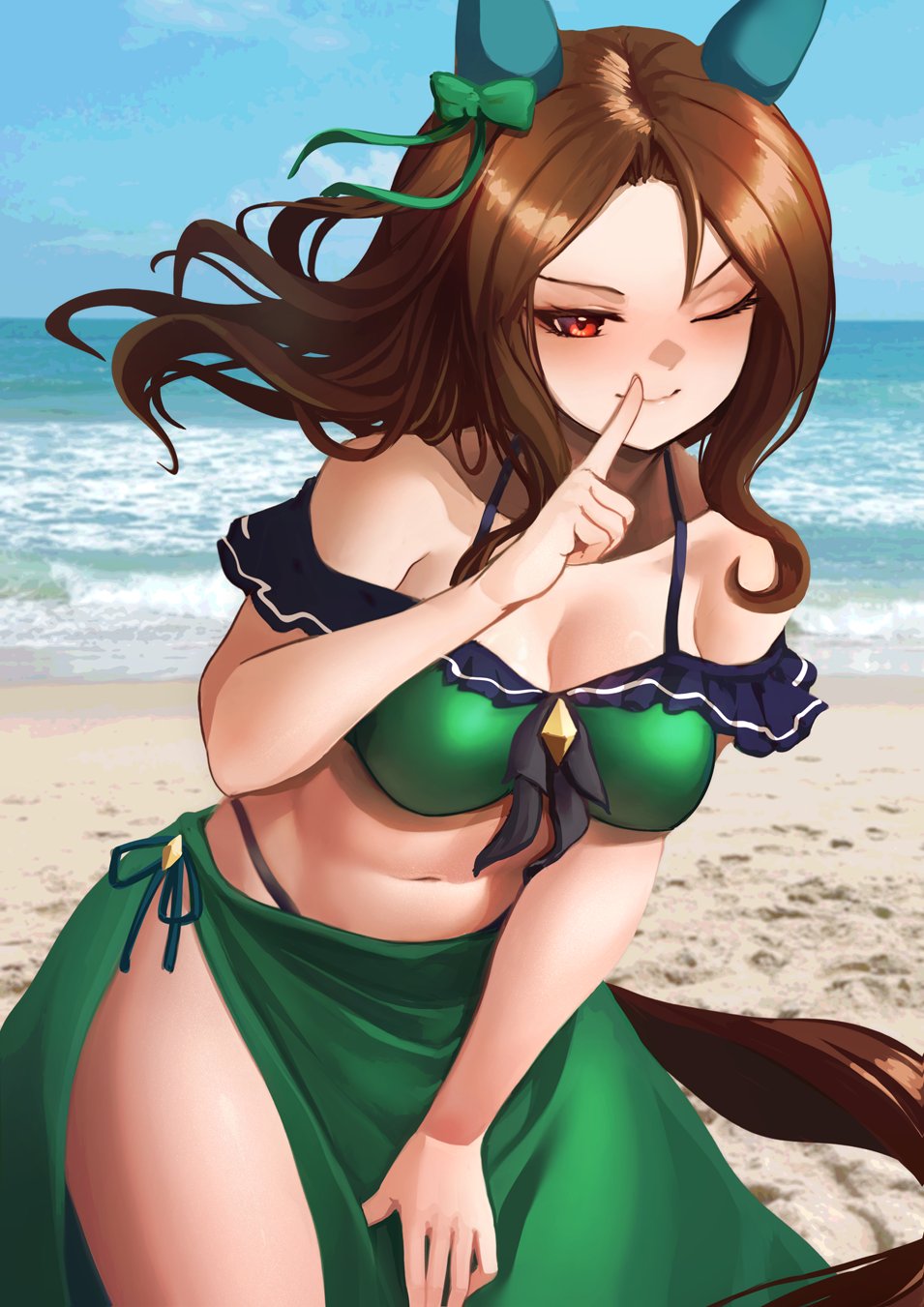 1girl bikini breasts brown_hair green_bikini highres hoshikuzu_kizuna_(kizuna_stardust) king_halo_(umamusume) looking_at_viewer one_eye_closed red_eyes sarong smile solo swimsuit umamusume