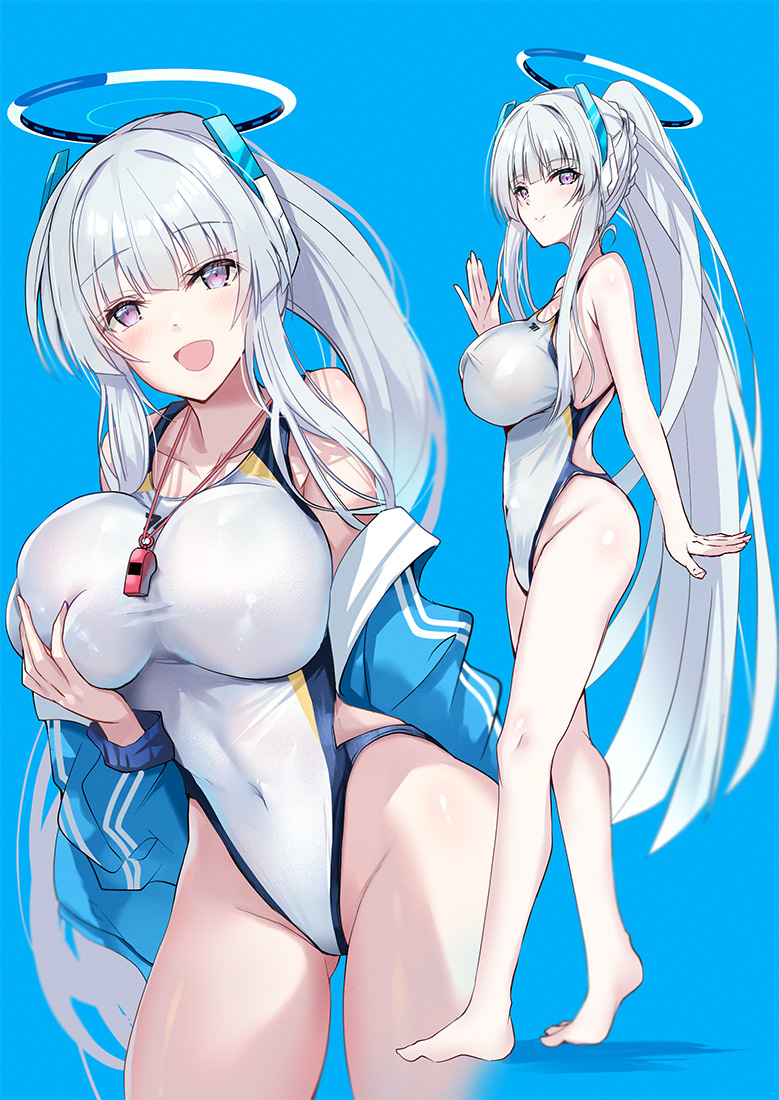 1girl bare_arms bare_legs bare_shoulders barefoot blue_archive blue_background blue_jacket blush breasts competition_swimsuit covered_navel grey_hair groin halo inoue_takuya_(tactactak) jacket large_breasts long_hair long_sleeves mechanical_halo multiple_views noa_(blue_archive) one-piece_swimsuit open_clothes open_jacket open_mouth purple_eyes simple_background smile swimsuit whistle whistle_around_neck white_one-piece_swimsuit