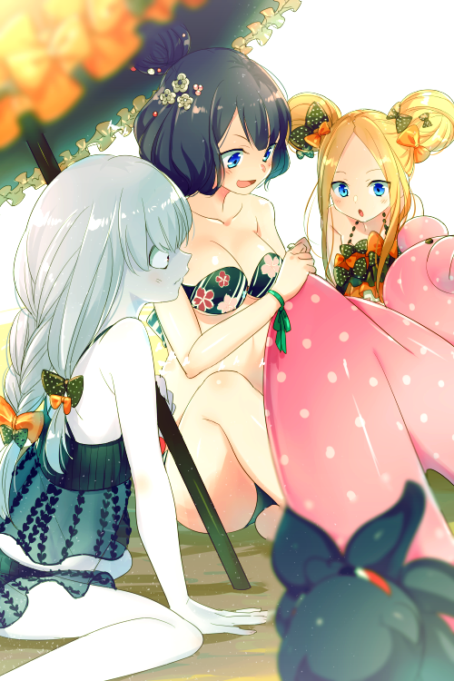 3girls abigail_williams_(emerald_float)_(fate) abigail_williams_(fate) bare_shoulders beach_umbrella bikini black_bikini black_bow black_one-piece_swimsuit black_skirt blonde_hair blue_eyes blush bow breasts cleavage collarbone creator_connection double_bun dress_swimsuit echo_(circa) fate/grand_order fate_(series) floral_print forehead frilled_bikini frills hair_bow hair_bun hair_ornament hairpin horns innertube katsushika_hokusai_(fate) katsushika_hokusai_(painting_summer)_(fate) large_breasts lavinia_whateley_(emerald_float)_(fate) lavinia_whateley_(fate) long_hair microskirt multiple_girls multiple_hair_bows octopus one-piece_swimsuit open_mouth orange_bow parted_bangs purple_eyes purple_hair short_hair single_horn sitting skirt small_breasts smile swim_ring swimsuit thighs tokitarou_(fate) umbrella white_hair wide-eyed