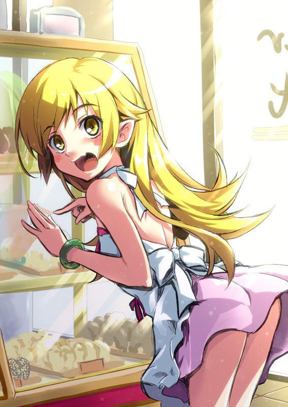 10s 1girl bad_id bad_pixiv_id bare_shoulders blush_stickers dress fang female_focus kimoto_kanata long_hair monogatari_(series) nisemonogatari oshino_shinobu pointy_ears solo yellow_eyes