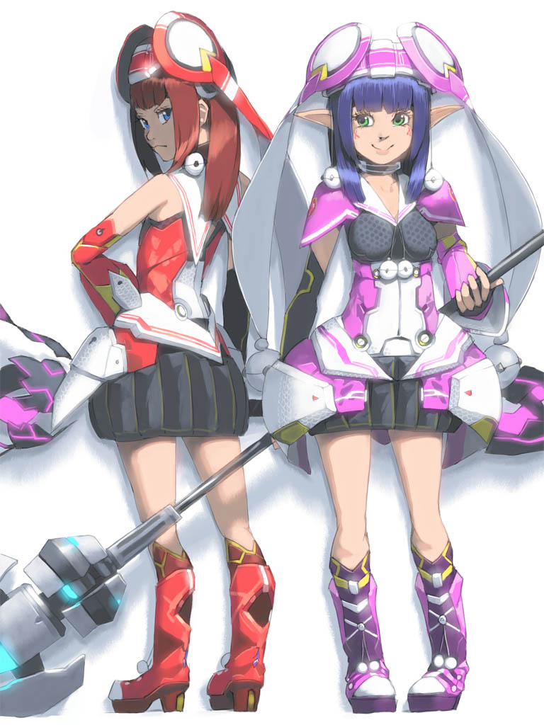 2girls akinbo_(hyouka_fuyou) bad_id bad_pixiv_id blue_eyes blue_hair blunt_bangs clariskrays dress fonewearl green_eyes hat hime_cut long_hair looking_at_viewer multiple_girls phantasy_star phantasy_star_online phantasy_star_online_2 pointy_ears red_hair rupika rupika_(pso2) short_hair simple_background smile staff