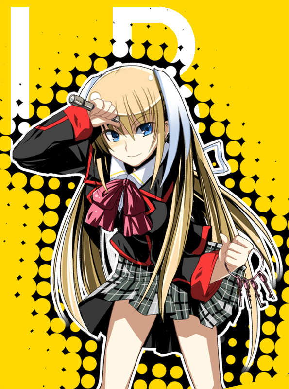 1girl blonde_hair bow bowtie closed_mouth female_focus hirama_hirokazu little_busters! long_hair looking_at_viewer miniskirt na_mizuumi pink_bow plaid_clothes plaid_skirt pleated_skirt red_bow red_bowtie school_uniform serafuku simple_background skirt smile solo standing tokido_saya very_long_hair yellow_background