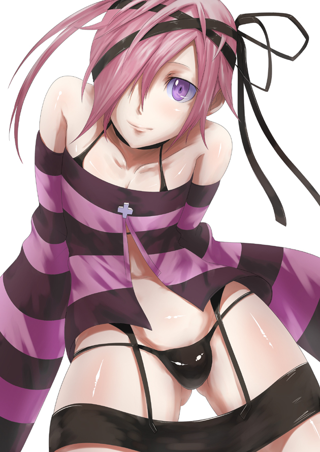 1boy bare_shoulders black_panties bulge crossdressing detached_sleeves folo gluteal_fold hair_over_one_eye ippo male_focus million_knights_vermilion panties pink_hair purple_eyes ribbon simple_background solo thong trap underwear white_background