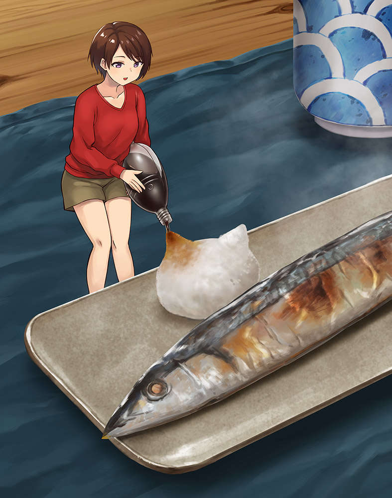 1girl brown_eyes brown_hair brown_shorts daikon fish fish_(food) food food_focus grilled_fish hashi mini_person minigirl original radish red_sweater saury short_hair shorts soy_sauce soy_sauce_bottle sweater