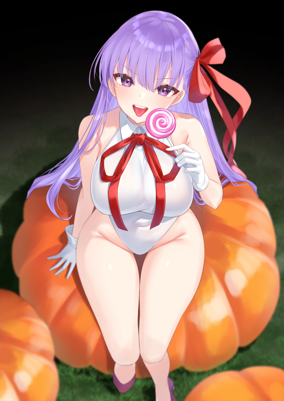 1girl bare_shoulders bb_(fate) bb_(fate)_(all) bb_(swimsuit_mooncancer)_(fate) bb_(swimsuit_mooncancer)_(third_ascension)_(fate) blush breasts candy covered_navel fate/grand_order fate_(series) food gloves hair_ribbon highleg highleg_leotard highres large_breasts leotard lollipop long_hair looking_at_viewer neck_ribbon open_mouth pumpkin purple_eyes purple_hair red_ribbon ribbon sitting smile solo swirl_lollipop thigh_gap thighs tongue very_long_hair white_gloves white_leotard yamamura_umi