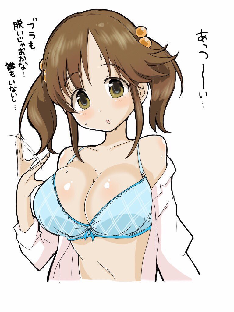 10s 1girl bare_shoulders bra breasts brown_eyes brown_hair fanning_face fanning_self female_focus hair_ornament idolmaster idolmaster_cinderella_girls large_breasts long_hair looking_at_viewer open_mouth penpen_(03020507) petsuo_(penpen) solo sweat totoki_airi translation_request twintails underwear undressing