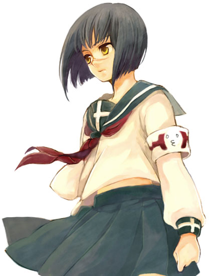 00s 1girl black_hair blue_sailor_collar bob_cut bow bowtie busou_renkin dress female_focus red_bow red_bowtie sailor_collar sailor_dress short_hair simple_background solo tsumura_tokiko yellow_eyes yonko