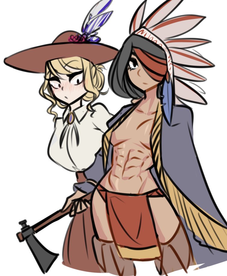 2girls abs amputee black_hair blonde_hair blush centurii-chan_(artist) cloak dark_skin eyepatch feather_hair_ornament feathers hair_ornament hat headdress jewelry loincloth multiple_girls muscular muscular_female native_american native_american_headdress necklace original shirt skirt tomahawk toned toned_female white_background white_shirt yuri