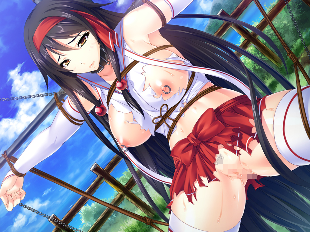 1girl armpits bdsm black_hair blush bondage bound breasts censored cloud collar dutch_angle female_focus female_pubic_hair game_cg huge_breasts ishii_akira legs long_hair looking_at_viewer mosaic_censoring nipple_piercing nipple_rings nipples no_panties outdoors piercing pubic_hair pussy rope saikyou_no_bakunyuu_kendo_wo_nikuonaho_haramase_shinagara_musou_suru_taima_seikatsu sky solo standing sweat thighhighs thighs torn_clothes yellow_eyes